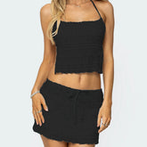 Halter Tiered Tank Top & Lace Mini Skirt Set - Slim Fit