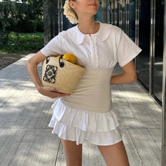 White Short Sleeve Collar Button Corset Patchwork Mini Dress