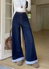 Blue Plaid Patchwork Denim Wide Leg Trousers