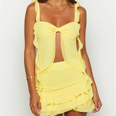 Yellow Ruffle Crop Top And Mini Skirt Set