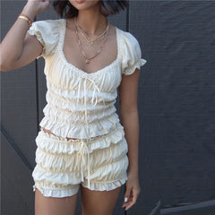 Ruched Short-Sleeve Tops And Bloomer Shorts Set
