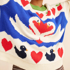 Swan Love Heart Pattern Ribbed Crew Neck Sweater