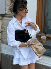 White Collar Shirt And Frill Mini Skirt Set