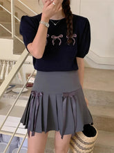 Bowknot Short Sleeve Round Neck Knit Top
