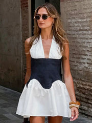 White Deep V-neck Halter Black Corset Mini Dress