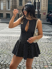 Black Polka Dot Lace-up Cut Out Mini Dress