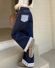 Blue Plaid Patchwork Denim Wide Leg Trousers