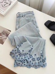 Eyelet Embroidered Wide Leg Denim Pants