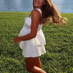 Babydoll Lace Trim Satin Pj Shorts And Square Neck Ruffles Tank Top Set