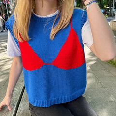 Ribbed 3D Bra Pattern Crew Neck Sleeveless Sweater