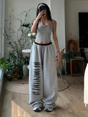 Grey Baggy Slit Patchwork Sweatpants 
