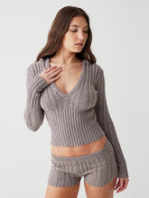 Long Sleeve Knitted V-Neck Hooded Sweater And Shorts Set