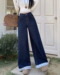 Blue Plaid Patchwork Denim Wide Leg Trousers
