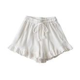 Ribbed Ruffle Trim Drawstring Waffle Shorts