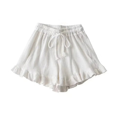 Ribbed Ruffle Trim Drawstring Waffle Shorts