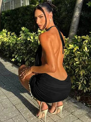 Tassel Halter Pleated Open Back Mini Dress