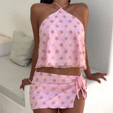 Pink Printed Tie-Up Top And Mini Skirt Set