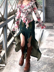 Denim Frill Slit Midi Skirt