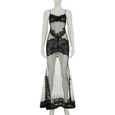 Mesh Lace Patchwork Spaghetti Strap Midi Dress