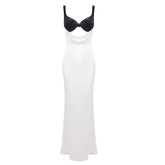 Two Tone Patchwork Cut Out Satin Maxi Dress