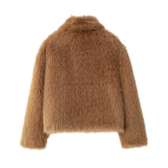 Brown Furry Turn Down Collar Long Sleeve Jacket