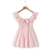 Pink Lace Ruffle Bow Off-shoulder Mini Dress