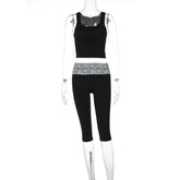 Black Tank Top And Lace Patchwork Capri Pants Set