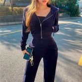 Velvet Hooded Zipper Crop Jackets And High Waist Straight Wide Leg Pants Set
