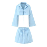 Flare Tie Up Cropped Shirt And Drawstring Shorts Set