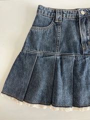 Lace Patchwork High Waist Pleated Denim Mini Skirt