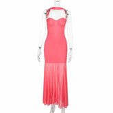 Pink Strapless Sheer Halter Long Dress