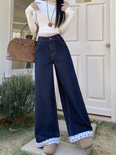 Blue Plaid Patchwork Denim Wide Leg Trousers
