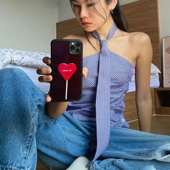 Blue Striped Halter Tie Detail Top