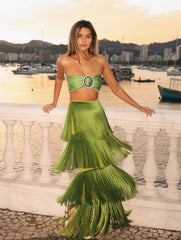 Green Tassel Bralette Set �Layered Maxi Skirt