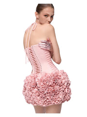 Pink Satin Corset And Frill 3d Flower Mini Dress