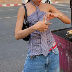 Blue Striped Halter Tie Detail Top