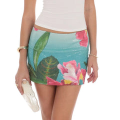 Beach Print Sequined Mini Skirt