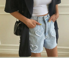 Heart Denim Crop Shorts - Casual High Waist