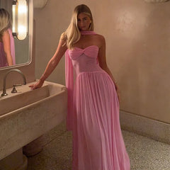 Pink Strapless Mesh Pachwork Long Scarf Maxi Dress