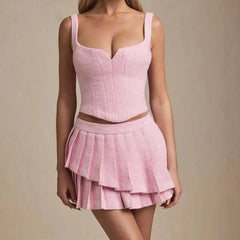 Solid Back Lace Up Crop Top And Pleated Frill Mini Skirt Set