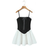 Black Spliced White Sling Bow Mini Dress