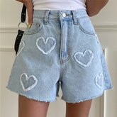 Heart Denim Crop Shorts - Casual High Waist