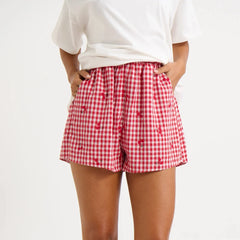 Red Plaid Cherry Print High-Waist Shorts - Summer Vibe