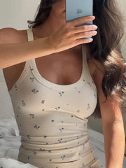 White Printed Ribbed Tank Top And Pants Set