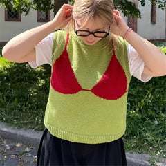 Ribbed 3D Bra Pattern Crew Neck Sleeveless Sweater