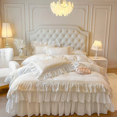 4/6Pcs Vintage French Double Layer Ruffles Princess Wedding 100% Cotton Bedding Set Duvet Cover Bed Skirt Bedspread Pillowcases