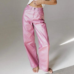 Metallic High Waist Denim Straight Leg Pants