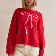 Bow Tie Jacquard O-Neck Sweater