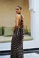 Black Polka Dot Halter Drape Midi Dress
