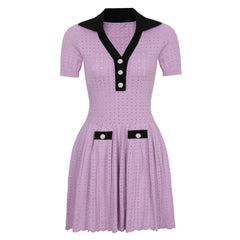 Contrast Trim Button Knit Collar Mini Dress
